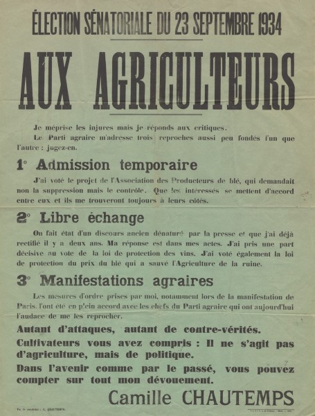 Aux agriculteurs (…) Camille Chautemps .-Élection sénatoriale du 23 septembre 1934.- Affiche 8 Fi. AD41
