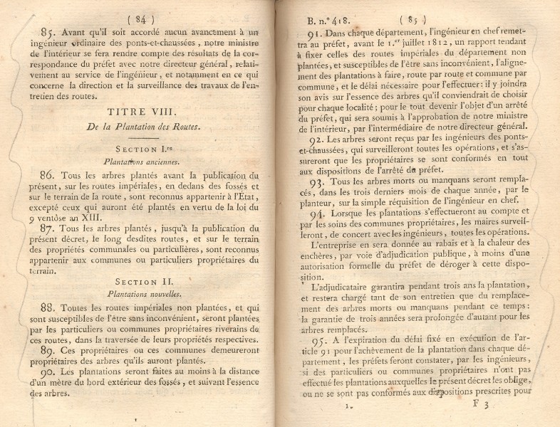 Décret impérial contenant règlement sur la construction, la réparation et l’entretien des routes. Au palais des Tuileries, le 16 décembre 1811. Bulletin des lois de l’Empire français, tome 16, premier semestre de l’année 1812, p. 66-127. AD41 1 K 80