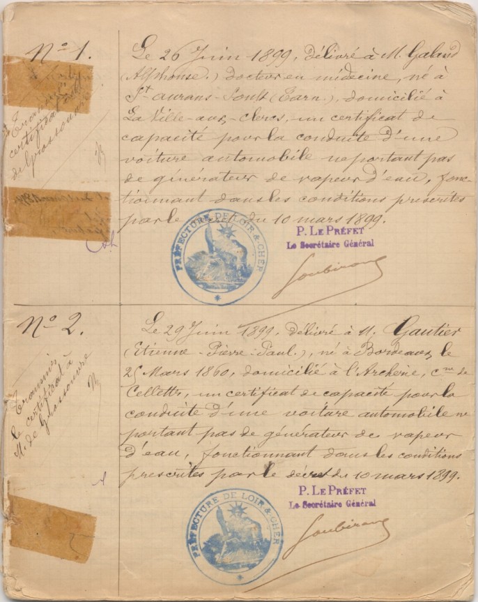 Certificats de capacité pour la conduite d’une voiture automobile. Premier cahier, 26 juin 1899 au 7 mai 1902. AD41 2 S 573