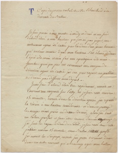 Copie du procès-verbal de M. Blanchard à sa descente de ballon, ca. 1800. Page 1. AD41 4 M 247