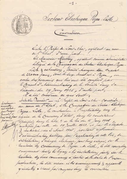 Convention passée entre le préfet de Loir-et-Cher avec la Compagnie du secteur électrique Pezou-Lisle et extensions, page 1