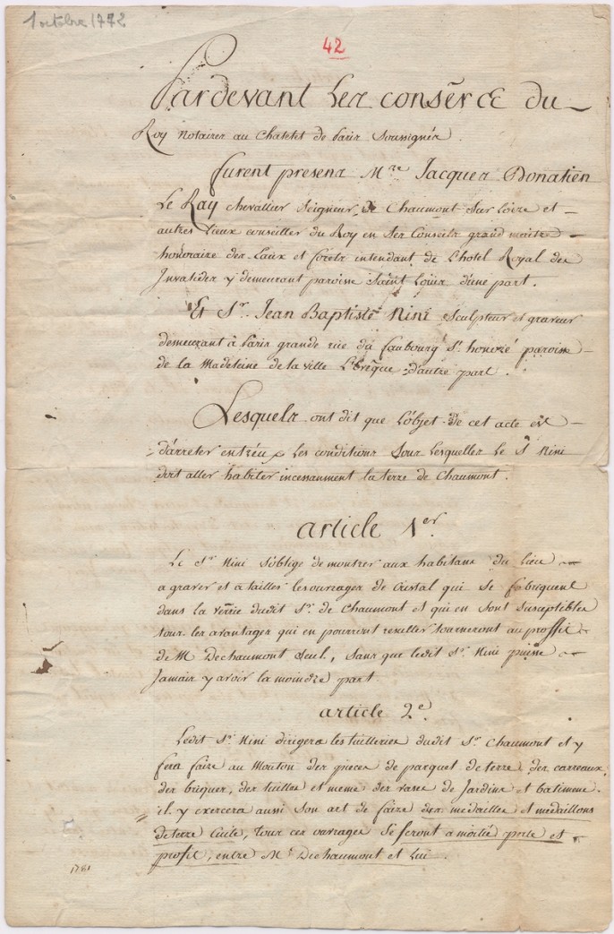 « Conditions sous lesquelles le sr Nini doit aller habiter incessamment la terre de Chaumont ». Expédition de la minute passée devant Me Deherain, notaire au Châtelet de Paris entre Jean-Baptiste Nini et Jacques Donatien Le Ray, 1er octobre 1772  AD41 F 2069