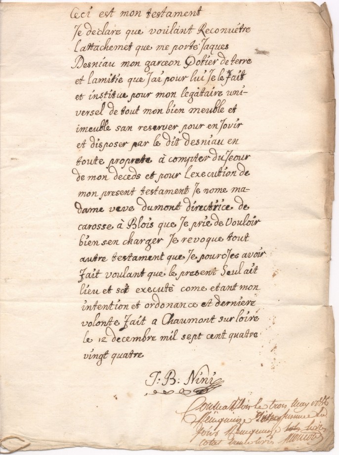Testament olographe de Jean-Baptiste Nini, déposé chez Me Jean François Riffault, notaire royal à Blois, 12 décembre 1784 AD41 3 E 26 / 677