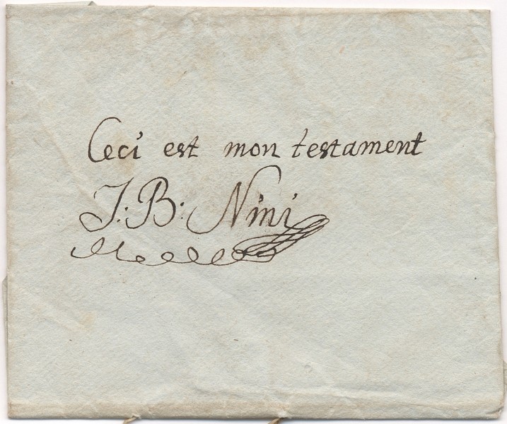 Enveloppe ayant contenu le testament de Jean-Baptiste Nini, déposé chez Me Jean François Riffault, notaire royal à Blois, 12 décembre 1784 AD41 3 E 26 / 677