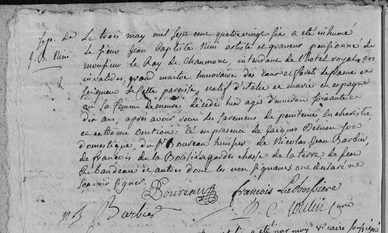 Acte de décès de Jean-Baptiste Nini, 3 mai 1786 AD41 4 E 45 / 77