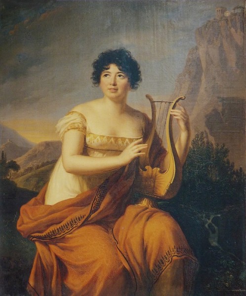 Madame de Staël en Corinne (1807), Firmin Massot, huile sur bois, 61 x 52 cm - Collection du château de Coppet (Suisse).