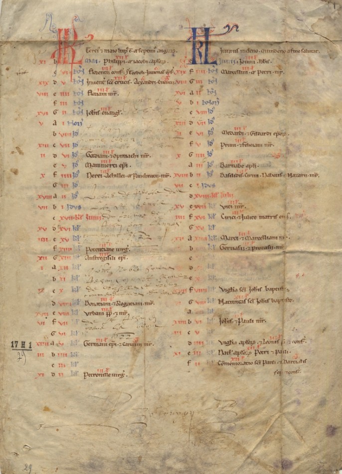 Fragment de calendrier liturgique à l'usage de l'abbaye de Pontlevoy. Mois de mai et juin - cote : FRAD041_17_H_1/29