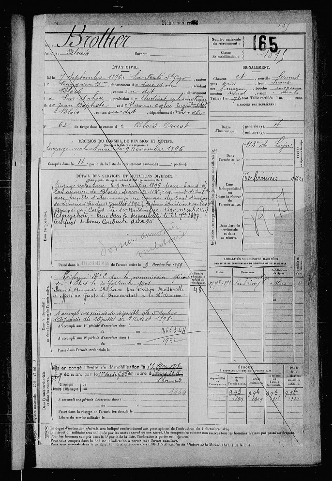 Feuillet matricule militaire, n° 165 de la classe 1896 (cote : 2 Mi 48/R54).