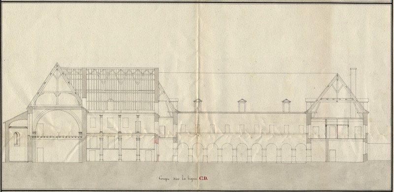 Détail d'une coupe du projet de collège dans l’ancien couvent de la Visitation de Blois, réalisé par A. Pinault, architecte le 4 janvier 1825. (Archives départementales de Loir-et-Cher, cote 1 FI 94/5).