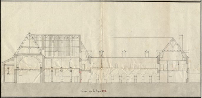 Détail d'une coupe du projet de collège dans l’ancien couvent de la Visitation de Blois, réalisé par A. Pinault, architecte le 4 janvier 1825. (Archives départementales de Loir-et-Cher, cote 1 FI 94/5).