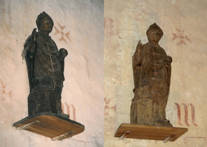 Statue de Saint-Eloi, état en 1996 et état en 2011.