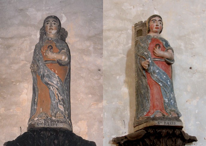 Statue de Sainte-Barbe, état en 1996, et état en 2011. Photo AD41 / CAOA41.